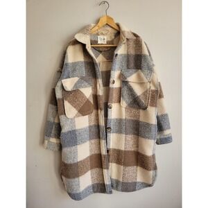 RD Style Conscious Plaid Longline Shacket Womens Small Blue Tan Boucle Jacket